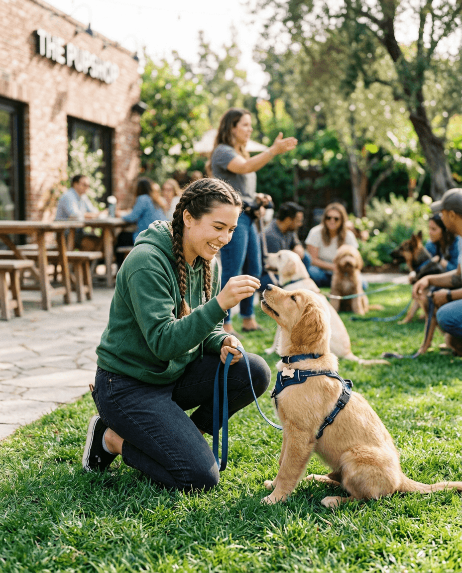 An owner rewarding an attentive golden retriever puppy during a puppy group class