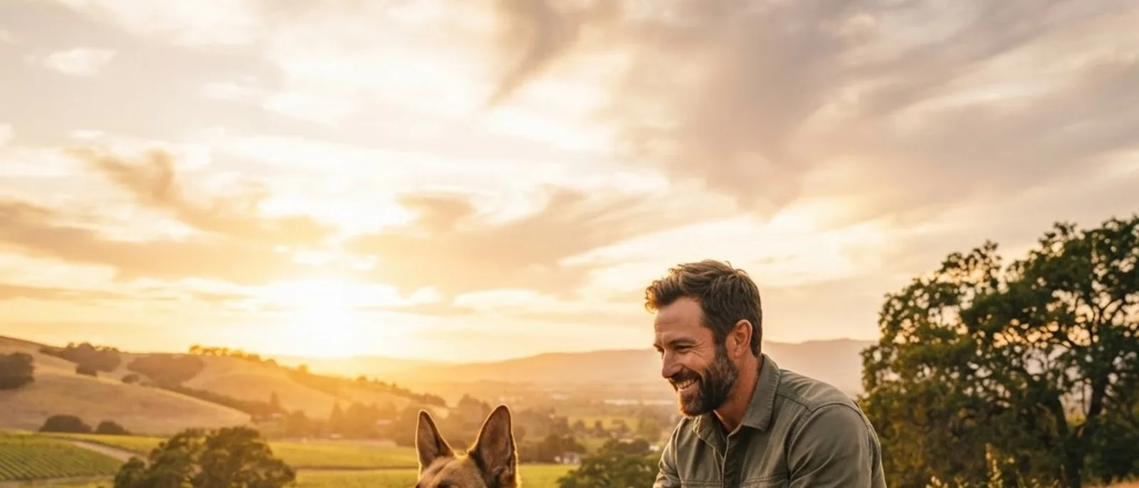 A trainer walking alongside a dog on an Orange County trail