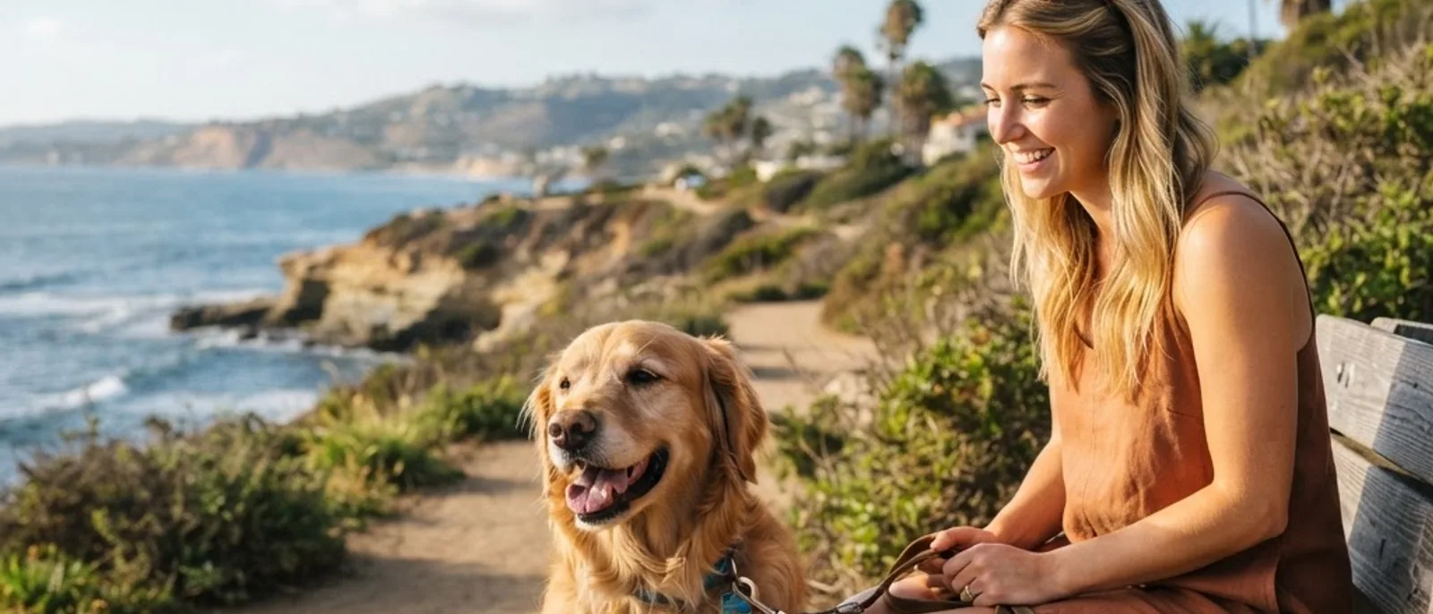 A trainer greeting a friendly dog