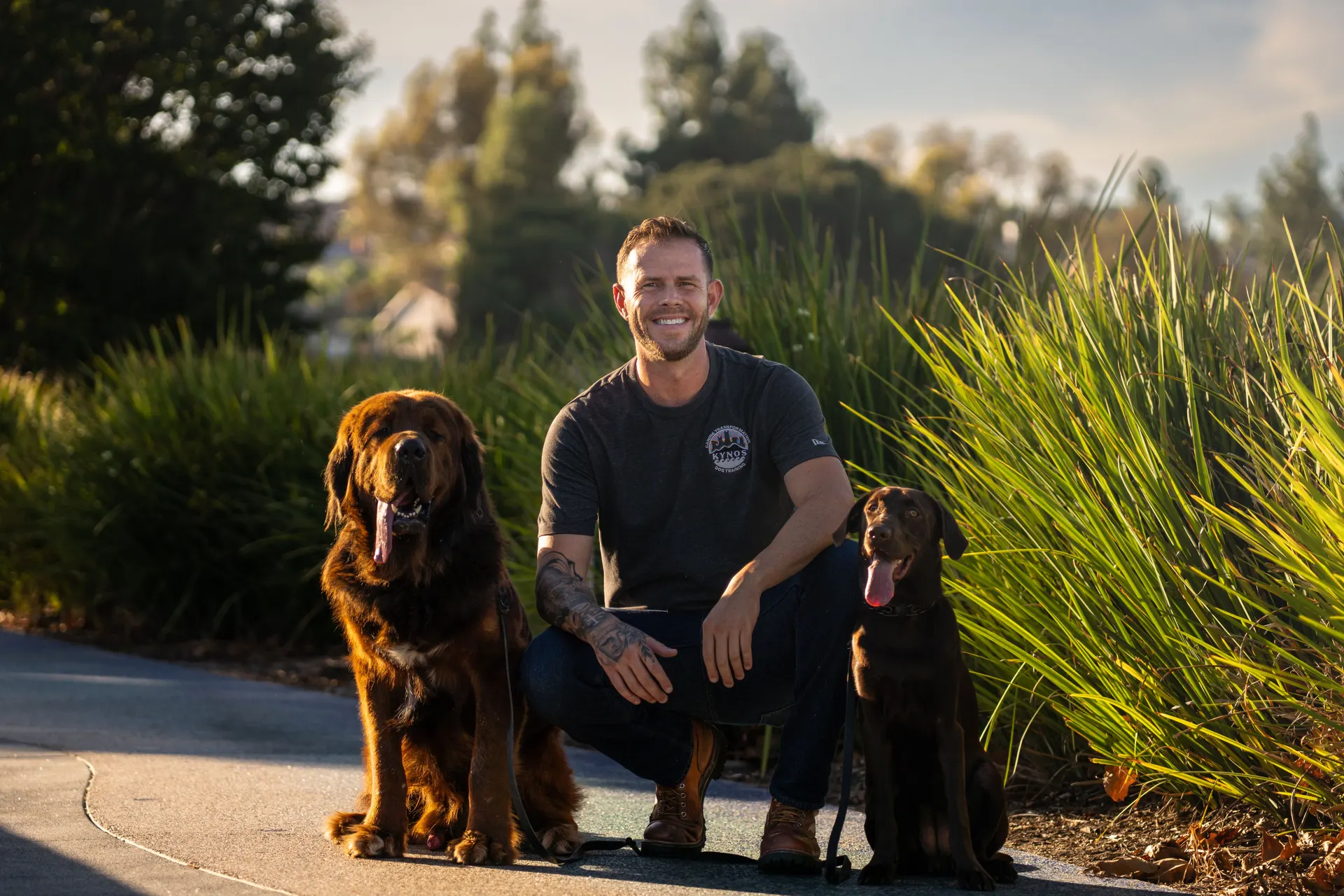 Jake kneeling with two dogs in tall golden-hour grass in Orange County