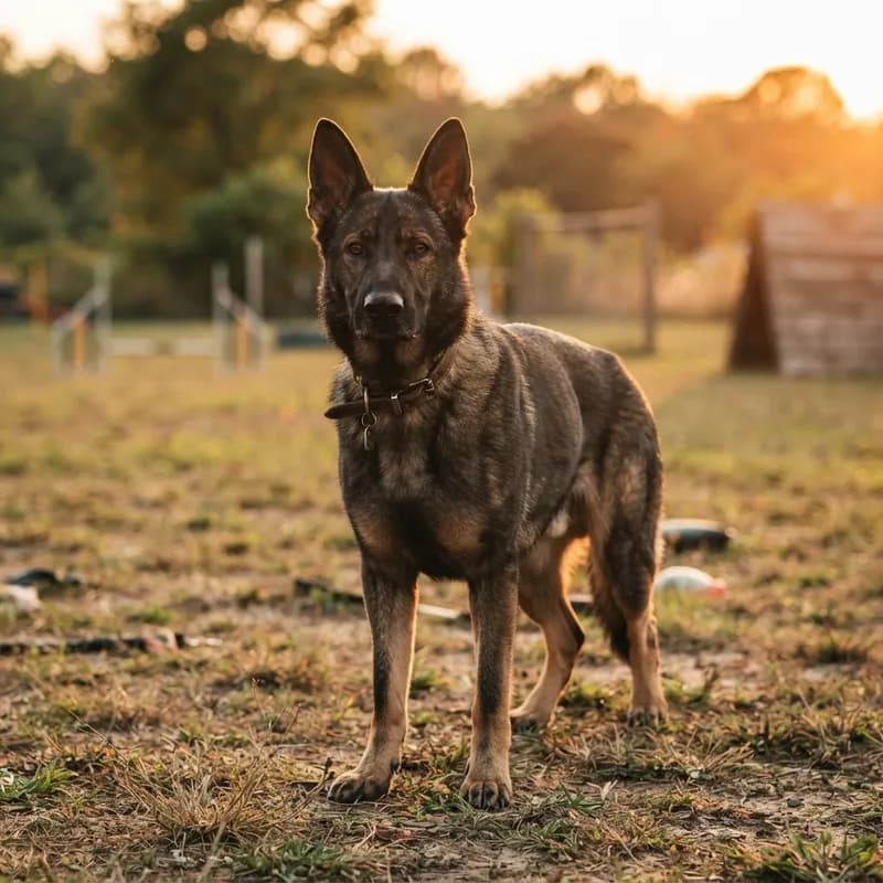An alert, focused working dog in a training stance